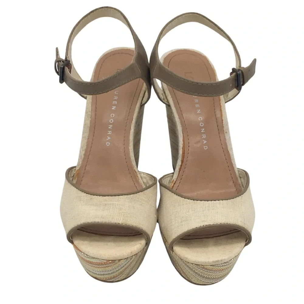 Lauren Conrad Tan Multi Color Peep Toe Platform Wedge size 7